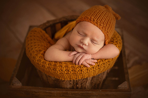 Bebé recién nacido con 6 días de vida, está metido en un cubo de troncos de árbol hacia delante y apoyando su barbilla sobre sus manos, lleva un gorro en color mostaza.